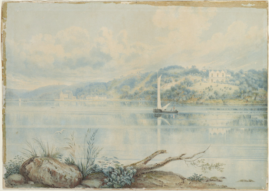 Watercolour view from Clark Island, c. 1844. Carthona sits on the waterfront at left.